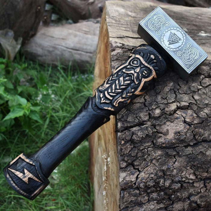 Odin-Inspired Viking Hammer with Carved Ashwood Handle | Nordic Decorative Hammer