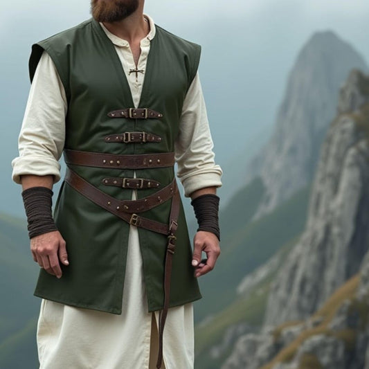 Men's Green Leather Tailored Vest | Medieval Viking-Inspired Design with Brown Straps and Belt | Perfect for Renaissance Fairs
