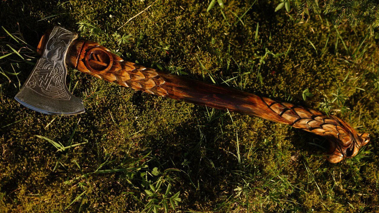 Norse Carved Axe with Eagle Carvings