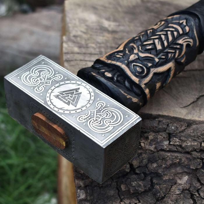 Odin-Inspired Viking Hammer with Carved Ashwood Handle | Nordic Decorative Hammer