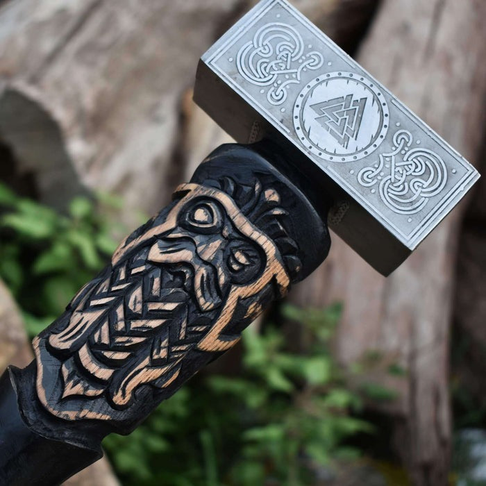 Odin-Inspired Viking Hammer with Carved Ashwood Handle | Nordic Decorative Hammer