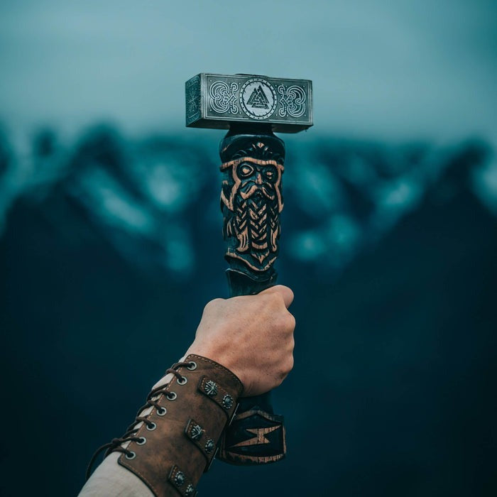 Odin-Inspired Viking Hammer with Carved Ashwood Handle | Nordic Decorative Hammer