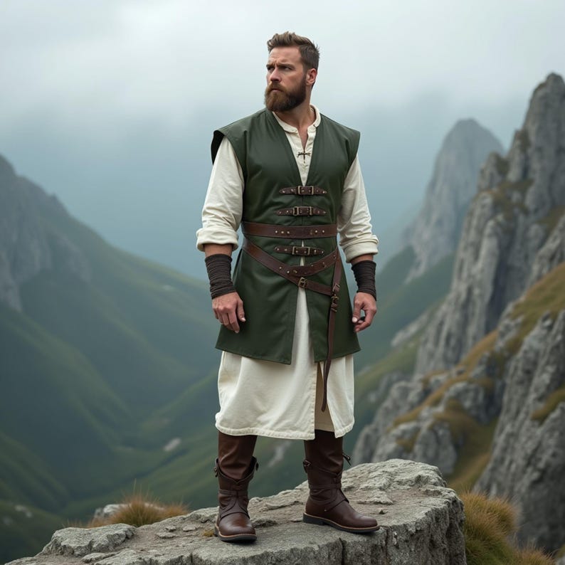 Men's Green Leather Tailored Vest | Medieval Viking-Inspired Design with Brown Straps and Belt | Perfect for Renaissance Fairs