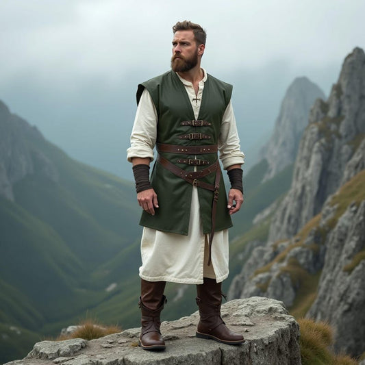 Men's Green Leather Tailored Vest | Medieval Viking-Inspired Design with Brown Straps and Belt | Perfect for Renaissance Fairs