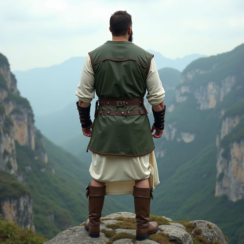 Men's Green Leather Tailored Vest | Medieval Viking-Inspired Design with Brown Straps and Belt | Perfect for Renaissance Fairs