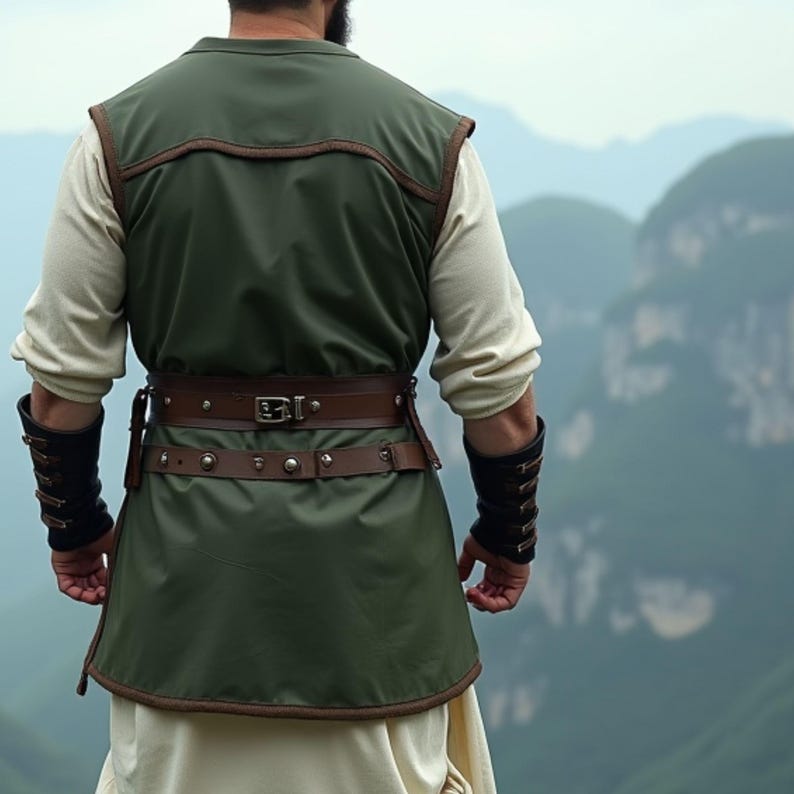 Men's Green Leather Tailored Vest | Medieval Viking-Inspired Design with Brown Straps and Belt | Perfect for Renaissance Fairs